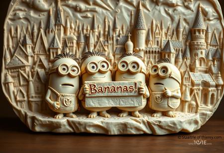 A high-relief medieval ivory carving scene featuring the Minions from *Despicable Me* standing together, each holding a sign that says "Bananas!". The background is a bustling medieval city with castles. The surface has intricate textures and smooth finish.