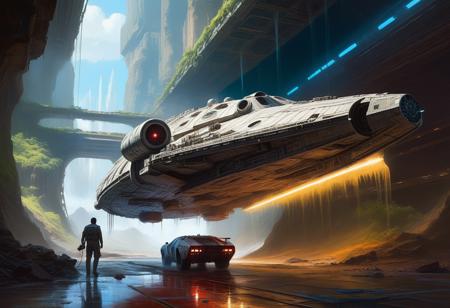 <lora:10NaturalismPainting_Hap_XL:1.5>,  Thomas Moran style, oil painting, nature, Millennium Falcon undergoing a thorough cleaning, vast carwash bay, space as background, hyperrealistic textures, cinematic illumination highlighting its iconic shape, mystical aura, outer space elements blending into a vanishing point, replicating a super highway of stars, high-speed energy surrounding the scene, digital painting, reminiscent of Beeple, Noah Bradley, Cyril Rolando, Ross Tran's art styles,