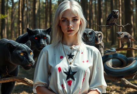 In a sunlit forest clearing, a young woman in her early twenties with silver-white hair stands unnervingly still. Her white blouse, marred by dark red stains, starkly contrasts with her pale, almost translucent skin. A simple black five-pointed star emblazoned on her chest adds a disturbing element to the otherwise bright scene. Her eyes, glowing with a faint but unsettling crimson light, seem to pierce through the sunlight with an eerie intensity.
Surrounding her in a tense, surreal formation are twelve wild creatures. A black panther, its fur catching the sunlight in a way that makes it almost shimmer, crouches nearby, its eyes reflecting an unsettling red. Perched on nearby branches, two owls with glowing crimson eyes blink slowly, their gaze watching the scene with an unnerving calm. A large snake, its blue-black iridescent scales shimmering ominously, coils around a sunlit branch, its eyes fixed in a menacing stare.
In her hands, the young woman holds a worn cardboard sign that reads, ‘We Come in Peace,’ which contrasts starkly with the disquieting aura of the scene. The forest floor, bathed in bright sunlight, casts sharp, shifting shadows that heighten the unsettling juxtaposition between the sunny day and the eerie, surreal presence of the girl and the animals