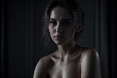 low key, rim-lighting, dark studio, 8k, extreme skin detail, (((greyscale))), very naturally beautiful face, melancholic but also very concentrated, beautiful intensive eyes, wearing only a classical oldschool nightdress, closer shot, she performs a emotional and passionate expression dance in style from Pina Bausch wuppertal dance company, on a lonely theater stage, sexy young beautiful model , sweat drips running down her face, highly contrented to the classical music, timelapse moment, Dewy skin with completeley no makeup, single braid black hair , Silver beaded bracelet, shot with arri studio camera, light_particles, cinematic, dynamic_angle, action shot,