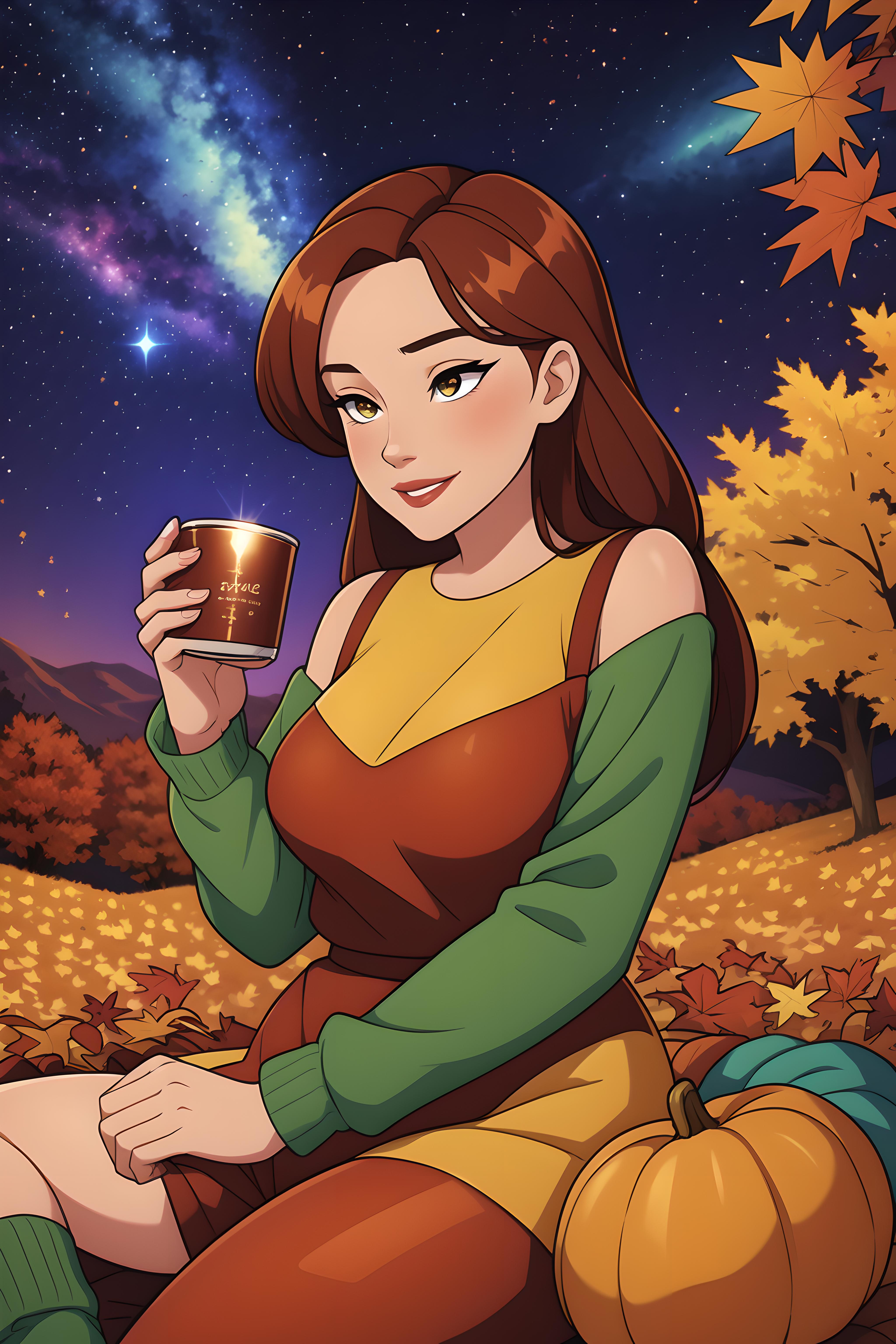 A cartoon woman in a green sweater and red dress drinking from a mug.