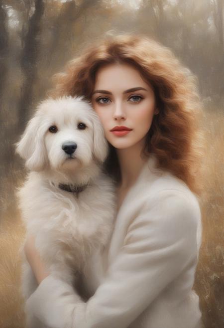 Portrait of woman with very volumous hair with dog, elegant curly hair, in nature, fluffy, novuschroma25 style <lora:novuschroma25 style_light:1>, <lora:sdxl_lightning_8step_lora:1>