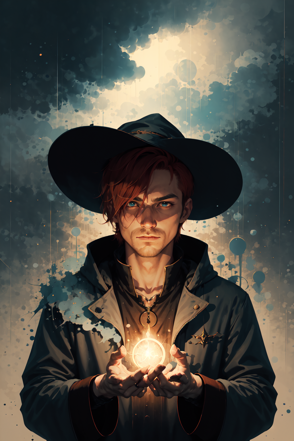 <lora:Sy3:0.9> portrait, male, wizard, short red hair, summoning a storm in the Sy3 style