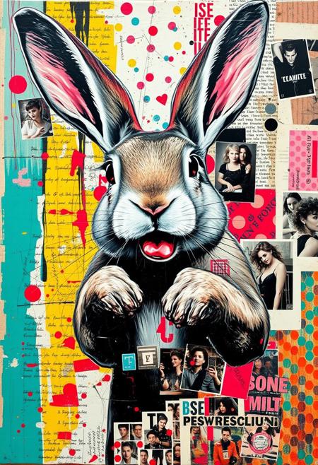 A boldly coloured mixed-media collage in the style of Jacques Prévert with an urgent sense of chaos and energy blending fragmented styles, layers and textures.
A deconstructed collage image of a sexy female rabbit very large breasts faking an orgasm.
Layered over this and partially obscuring the image are multiple fragmented and overlapping layers of chaotic thick paint, splatters, handwritten scrawled text messages, torn photographs and broken distorted pornographic images filling the canvas. 
Layers of repetition of brightly coloured dots in Yayoi Kusama style.
