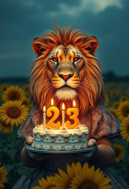 ((close-up)), 23, 23yo, A beautiful (anthropomorphic happy lioness:1.25), (lioness face), wearing a beautiful detailed dress and holding a birthday cake (with two lit candles in the shape of the number 23), in a field of sunflowers, masterpiece, high quality, 80s Dark fantasty style,8k, 4k, HD, detailed, realistic, full shot,