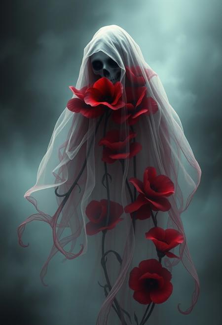 A hauntingly beautiful red floral ghost enveloped in an eerie mist, illustrated in the style of gothic art, intricate details, delicate petals, dark shadows, ethereal atmosphere