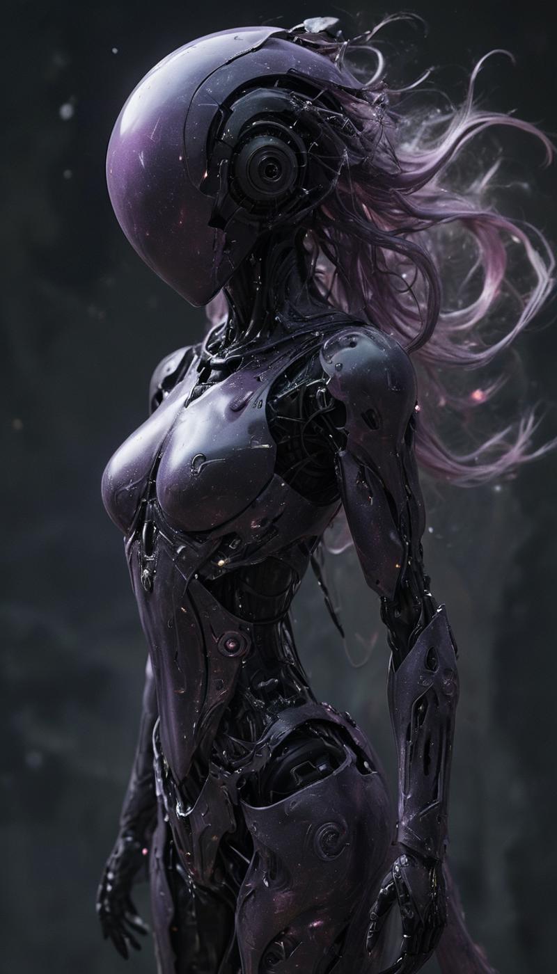 Cyborg Woman with Purple Hair and Silver Armor