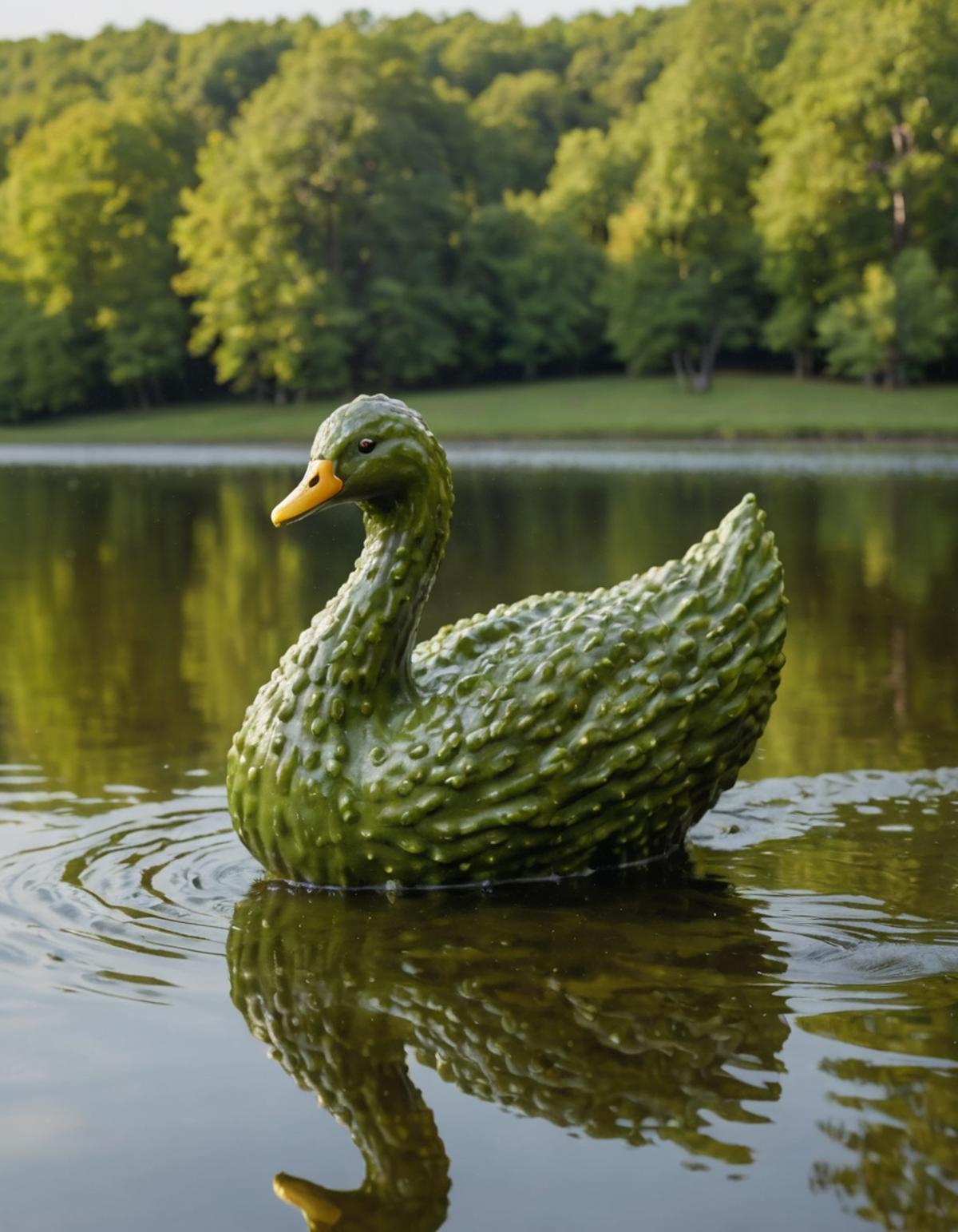 A green rubber duck sitting in a lake.