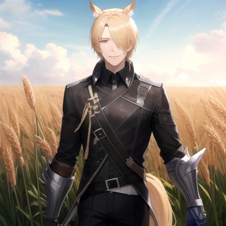 ((masterpiece)),(best quality),official art,extremely detailed CG,unity 8k wallpaper,ultra detailed,wheat field,1boy,solo,cowboy shot,mlynar (arknights),animal ear fluff,animal ears,belt,black jacket,black pants,blonde hair,blue shirt,emblem,gauntlets,hair over one eye,horse boy,horse ears,light smile,short hair,white necktie,yellow eyes,<lora:Mlynar(ark)>,