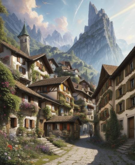 (low contrast ), colorfantasystyle sharp details, a medieval village in switzerland, mess jungle in background, ornate, beautiful, atmosphere, vibe, flowers, concept art illustration, greg rutowski, volumetric lighting, sunbeams, particles, colorful clothes, by Jean-Baptiste Monge, Gilles Beloeil, Tyler Edlin, Marek Okon, Pixar, album art, comic style, golden ratio, perfect composition, a masterpiece, trending on artstation, oversaturated, epic realistic, hdr, intricate details, rutkowski, intricate, cinematic, detailed , art by midjourney