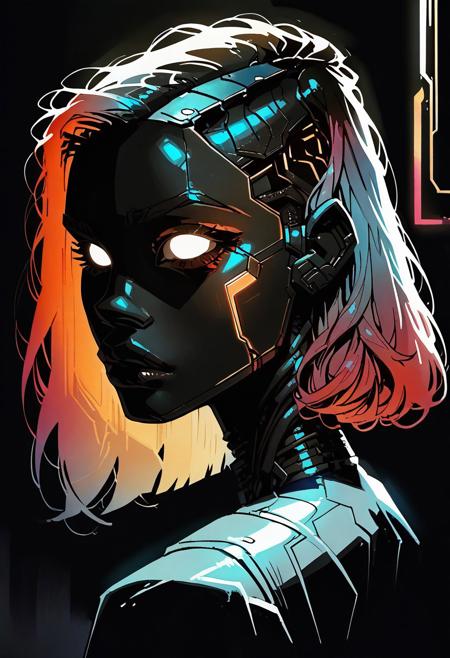score_9, score_8_up, score_7_up, score_6_up, 19 year old, asian, e-girl, watercolor painting, cyborg, robotic, woman, skinny, petite, makeup, perky nose, parted lips, (hands down, arms down), machine, cybernetic skin, (puffy lips:0.85), bobcut, multicolored hair, looking at viewer, from above, left side view, portrait, g0th1c, glowing, neon lights, glowing eyes,