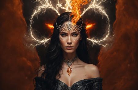 An elemental goddess stands in the center of a dark storm, her face perfectly split between blazing fire and piercing ice. Her eyes glow with raw energy—one golden like a supernova, the other pure white like frozen lightning. Her fiery side burns with swirling flames, lava cracks glowing on her skin, while the icy side releases frost, snow, and mist, her flowing hair turning into smoke and ice tendrils. The camera slowly circles her as magical particles rise and fall around her. Thunder rumbles faintly in the distance, and glowing embers spiral into the sky. Her power pulses outward with each breath. Ultra-detailed, epic cinematic lighting, 4K, high fantasy animation, dark background, dramatic elemental effects, slow motion, mythic tone.