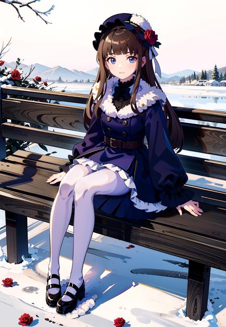 masterpiece, best quality, winter, snow field,
1girl, bangs, blue eyes, blunt bangs, bonnet, brown footwear, brown hair, dress, frills, fruit, full body, hat, long hair, long sleeves, looking at viewer, pantyhose, purple dress, red flower, red rose, rose, shoes, sitting, solo,