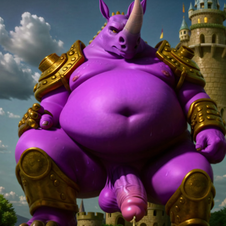 obese, male, Rhinoceros, black thong,  gold light armour, purple skin,