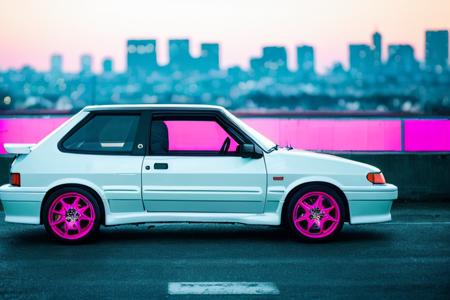 A {white|black|red|blue|pink) car is parked by the road :: pink sunset and city in the background :: 1980 :: Luxyry style :: Hyperdetailed : Ultra realistic :: cinematic :: Neon lighting :: Unreal engine :: RTX --ar 2:3, (VAZ2113),  <lora:VAZ2113:0.8>