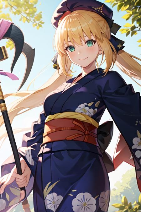 best quality, masterpiece, highres, solo, {yukata:1.40}, {kimono:1.20}, {altria_caster_fgo:1.15}, blonde_hair, long_hair, green_eyes, bangs, twintails, bow, hat, smile, hair_between_eyes, staff, cape, blush, blue_headwear, buttons, beret, closed_mouth, breasts