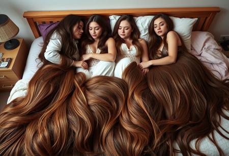 candid color photograph of a  group of stunningly beautiful horny college students with extremely long silky hair lounging together on their bed engaged in cuddling and amorous activities. Their hair reaches all the way to the ground and is laid out along the ground and atop the bed. voluminous mounds of their hair cover them under a thick mound of amazing long long locks, the longest hair ever, meters of hair, longer than their feet, it trails behind them many meters along the ground