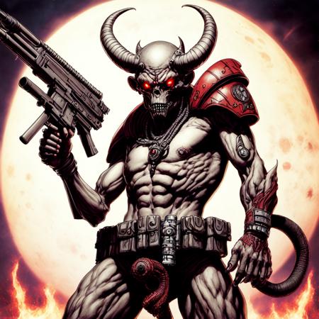 photo, drawing of a demon holding a machine gun (MartianWarlord style:1) <lora:djzMartianWarlordV21:0.8>