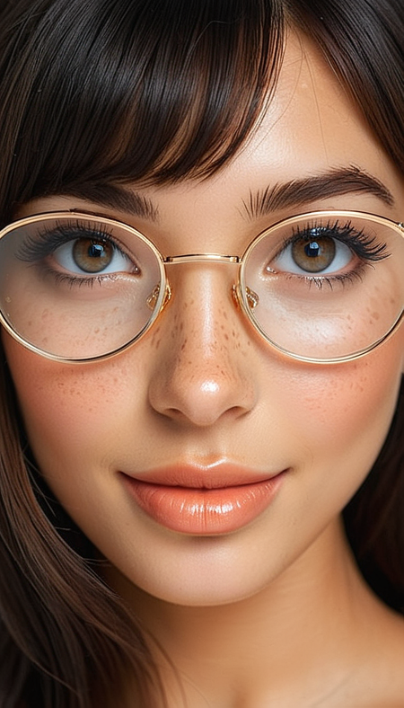 Close-up gorgeous girl face, cute, (bangs:1.1), freckles, light tan, striking (large eyes:1.4), cute eyes, aligned eyes, mirror eyes, (smile:1.1),
(wearing very detailed Venetian Mask:1.1),  perfect hair,round black glasses,
BREAK,
(very long lashes:1.5), trendy portrait,
tender Aesthetic nose, ears, puffy lips, sensual lips, detailed texture, detailed eyes, detailed skin, clean skin,
<lora:Someplastic:1>, (ultra sharp focus:1.8), (detailed skin:1.8), (thin lines:1.8), (best quality:1.8),
<lora:Apparatus_-_Traction_City_Walkers_Vehicles:0.7>,
<lora:add-detail-xl:2> (ultra sharp focus:1.8), (detailed skin:1.8), (thin lines:1.8), (best quality:1.8),
<lora:glowneon_xl_v1:0.8>