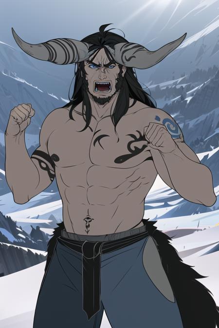 1boy, solo, stout, pale skin, warrior, black hair, angry facial expression, scream, roar, raising fists, topless male, fur pants, body tattoo, sunlight, snowfield, norse, best quality, <lora:bannersaga:0.8>