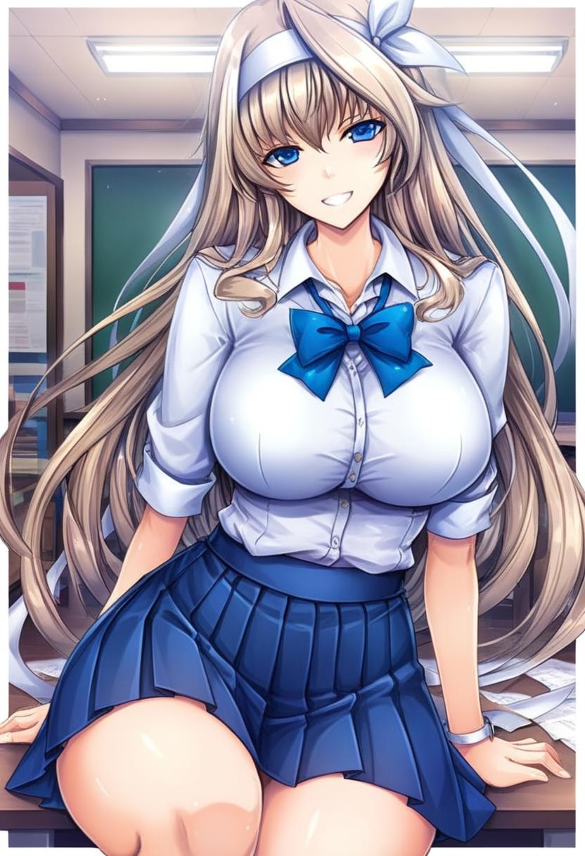 score_9,score_8_up,score_7_up,source_anime,kuroda tomoe, blue eyes, blonde hair, 1girl, breasts, long hair, solo, large breasts,smile,school uniform, looking at viewer,prefect lighting, very aesthetic, intricate details, highly detailed background, masterpiece, high quality, prefect hands, best quality,midday,indoors,class room,sits on a chair at the table