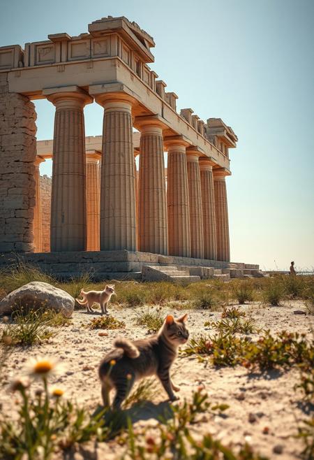 (Soft Lighting Photography by Mimoza Veliu and Mario Giacomelli:1.2), award-winning photography, photo of a cat besides a destroyed badly damaged Colossus of Rhodes in a beautiful beach, Cats running around:1.5, (broken status, spare parts scattered nearby.) Grass and flowers grow around it. Sunny summer day. ocean. Calm and beautiful. Detailed art, many details, cute, adorable, fairytale, storybook detailed illustration, cinematic, ultra highly detailed, beautiful details, vibrant colors, complex background, fine art, best quality, hyper detailed, professional poster art, bold lines, award winning, trending on ArtStation , (intricate details, masterpiece, best quality:1.4), aesthetic and beauty, astounding details, high depth of field, f/4, framing, breakthrough, collodion process, soft particles, ageless atmosphere, (maroon and marigold colors:0.1),dark, chiaroscuro, low-key,