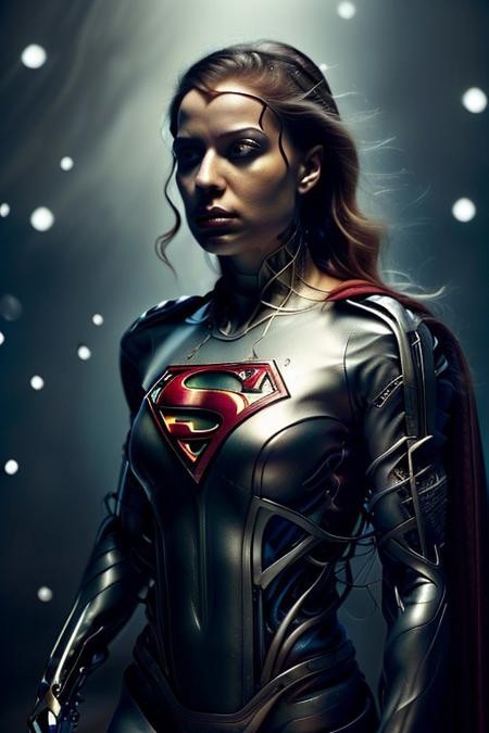 cinematic film still silverpulse, cyborg supergirl, 'S' Logo on chest, red cape, simple background, high quality, artistic, vibrant colors, detailed textures. futuristic sleek/glossy silver and blue glow, vibrant colors, detailed textures., Concept art, cyborg, background, vintage, modern, SilverPulse, superman_oc, <lora:SilverPulseMorphXL:0.8>, excellent composition, artistic, highly detail, holy, sunny, dynamic dramatic beautiful full taking . shallow depth of field, vignette, highly detailed, high budget, bokeh, cinemascope, moody, epic, gorgeous, film grain, grainy,  face focus, face close up,