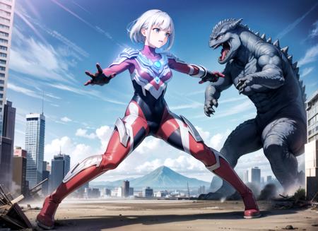 extremely detailed CG unreal engine 8k, best quality, (detailed fingers, detailed hands, detailed face), all intricate, beautiful detailed 1girl, (ultragirl :1.0), ultraman bodysuit, GTS, full body, angry, serious, fighting stance, full body, standing, facing monster, detailed damaged buildings behind, outside,
(Godzilla attacking), monster, battle with monster, looking at girl
<lora:Ultragirl-Lora12-Blue-000004:1> <lora:GTSv5:0.8>