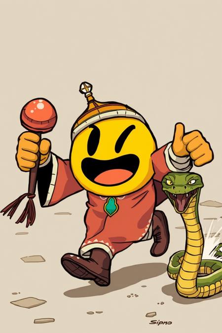 illustration of pacman dressed as a Moroccan snake charmer running away from an angry snake, cartoon, detailed,