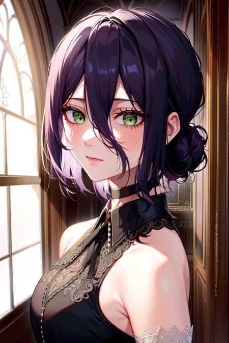 masterpiece, ((ultra detailed background, delicate pattern, intricate detail)), (highly detailed, fine details), best quality, beautiful lighting, ((medium breasts, slim girl)), Reze, 1girl, solo, green eyes, choker, hair between eyes, multicolor hair, purple hair, black hair, hair bun, short hair, white shirt, collared shirt, blush, sleeveless, ribbon, black shorts, complex detailed background, inside, castle room environment, medieval castle, gray walls, window, bookshelf, (close-up, portrait),  <lora:Reze:0.7>