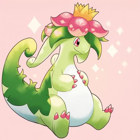 Dinossom_Palworld, pink eyes, white belly, green body, flower, tail, pink claws, flower