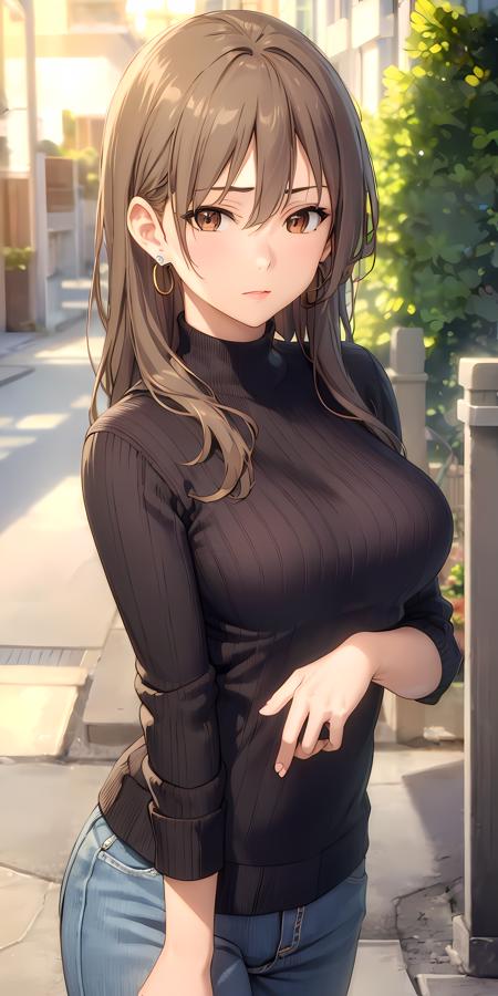 (masterpiece:1.2, best quality), (finely detailed beautiful eyes: 1.2), cowboy shot,   (extremely detailed CG unity 8k wallpaper, masterpiece, best quality, ultra-detailed, best shadow), (detailed background), (beautiful detailed face, beautiful detailed eyes),  1girl, ninomiyashizuku, brown eyes,  long hair, sweater, pants,      jewelry, earrings,  High contrast, beautiful sexy woman, adult, (best illumination, an extremely delicate and beautiful),(simple backround, outdoors,front on ), looking at viewer,beautiful detailed glow,