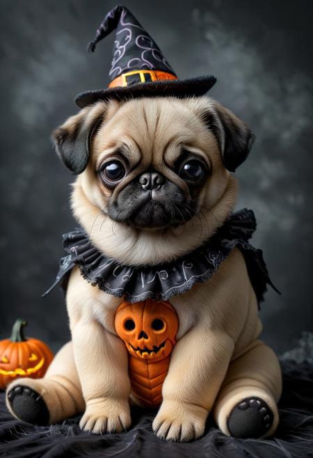 An award-winning photo, a cute little baby pug, sitting around in a spooky costume, fluffy, (((cuteness overload))) <lora:add-detail-xl:1>,  <lora:WowifierXL-V2:1>, zhibi