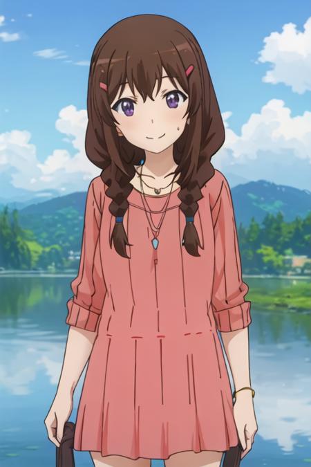 best quality, masterpiece, highres, solo, {fujimiya_konomi_nonnonbiyori:1.15}, brown_hair, hair_ornament, hairclip, long_hair, purple_eyes, braid, smile, blush, 1girl, jewelry, necklace, sweatdrop, twin_braids, looking_at_viewer, outdoors, blue_shirt