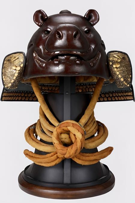 kabuto \(helmet\), simple background, no humans, samurai, (hippo:1.2), rope, helmet stand