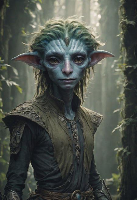 photography in the style of Labirynth, the dark crystal  movies, green, close up of (nature) and (fantasy) creature with a (diminute) sword stained with (detailed:1.5), in a beautiful and ruined ,fantasy,hyper detailed, real skin imperfections, hard lighting, bokeh, ((curi:1.2))(inspire forms in most beautiful New race:1.4) (beautiful:1.4) (ambient fantasy:1.5)(warhammer world:1.0)(It has a bright sign behind which its text says"Fantasy":1.2)Perfil
