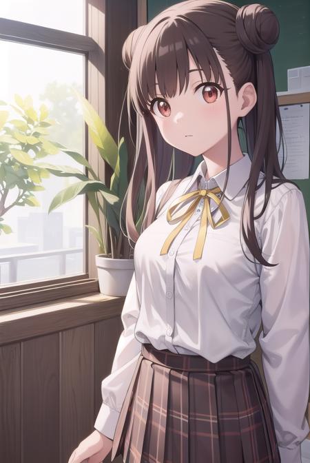 chiyokosonoda, <lyco:chiyokosonoda-lyco-nochekaiser:1>,
chiyoko sonoda, brown hair, (red eyes:1.5), hair bun, long hair, double bun, sidelocks,
BREAK brown skirt, buttons, collared shirt, dress shirt, miniskirt, neck ribbon, plaid, plaid skirt, pleated skirt, ribbon, school uniform, shirt, skirt, white shirt, yellow ribbon,
BREAK indoors, classroom,
BREAK looking at viewer, cowboy shot,
BREAK <lyco:GoodHands-beta2:1>, (masterpiece:1.2), best quality, high resolution, unity 8k wallpaper, (illustration:0.8), (beautiful detailed eyes:1.6), extremely detailed face, perfect lighting, extremely detailed CG, (perfect hands, perfect anatomy),