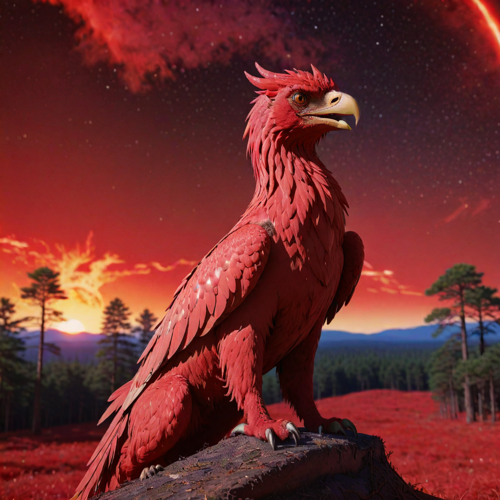 anime key visual, elegant, medium close-up shot of a (Griffin:1.3) , it is very Unforgettable and Violent, centered Red background, Bedouin forest and Radio galaxy in background, Summer, FOV 90 degrees, (by Yoshitoshi Abe:1.3) , Maximalist, Light and Bright, Magical Realism, side lit, F/8, Fujicolor, Complex background, behance, RTX, extremely hyper aesthetic
