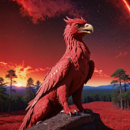 anime key visual, elegant, medium close-up shot of a (Griffin:1.3) , it is very Unforgettable and Violent, centered Red background, Bedouin forest and Radio galaxy in background, Summer, FOV 90 degrees, (by Yoshitoshi Abe:1.3) , Maximalist, Light and Bright, Magical Realism, side lit, F/8, Fujicolor, Complex background, behance, RTX, extremely hyper aesthetic