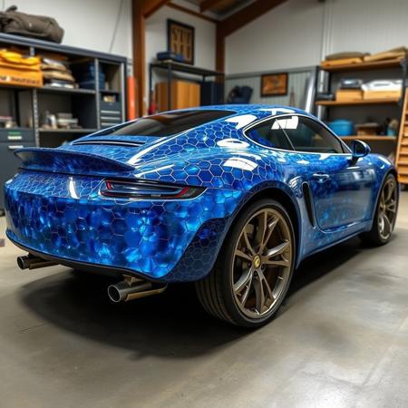 car made of titanium honeycomb filled with blue epoxy resin, view 3/4, car in garage, wheels made of reclaimed wood