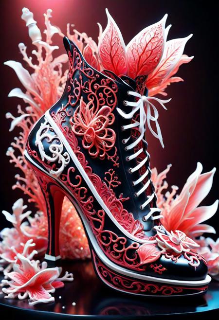 a close up of a shoe made of coralbugXL, stylish shoe design, exquisite imaginative poster art, coralbugXL embellishment, by Victorine Foot, coralbugXL, the theme of alice in wonderland, coralbugXL, highly detailed fantasy art, exquisite digital illustration, great digital art with details, highly detailed digital painting, surrealistic digital artwork, 3d epic illustrations,  <lora:coralbugXL:1> <lora:LCMTurboMix_DPM_SDE_Karras:1>
