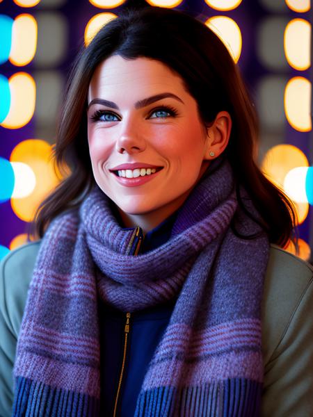 photo of (lorelaigilmore:0.99) wearing a gray scarf, with a knit jacket, with a purple shirt, detailed face, realistic skin, high quality, (blue eyes:1.1), Leica 50mm, f1. 4, natural light, grainy, (high detailed skin:1.2), high detail