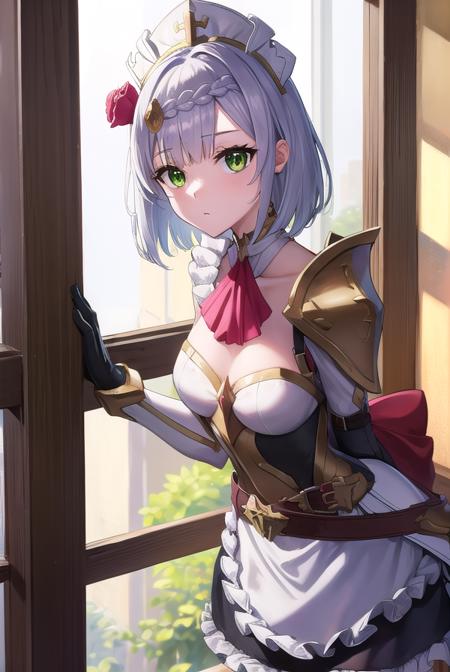 noelle, braid, flower, hair flower, hair ornament, short hair, silver hair, (green eyes:1.5), apron, armor, ascot, black pantyhose, black skirt, dress, gauntlets, gold trim, headdress, long sleeves, maid, maid apron, maid headdress, pantyhose, pauldrons, shoulder armor, skirt, strap,