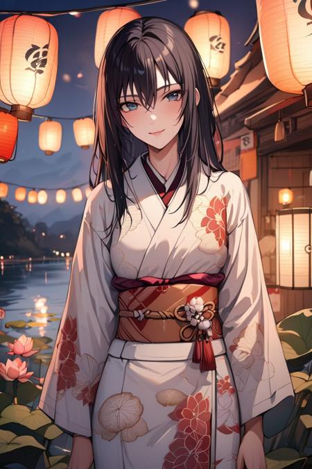 best quality, best aesthetic, ultra-detailed, masterpiece, BREAK
1girl, solo, female, sawaragishihoexp, black hair, blue eyes, hair between eyes, sidelocks, 
kimono, japanese clothes, japanese houses, outdoor, obi, japanese festival,lights, lamps, paper lamps, flowers,lotus, lake,light smile, looking at viewer,cowboy shot,  , detailed background, colorful, vivid,  <lora:Sawaragi_shiho_XL-000010:0.8>