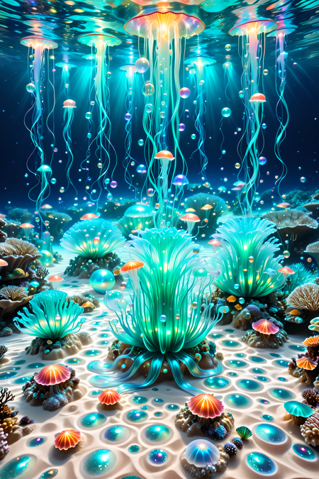 A surreal underwater realm where coral castles drip with glowing pearlescent syrup,jellyfish float like silk lanterns above a pearly sand floor,and luminous mermaids paint ocean currents with swirling trails of light and flowing pigments,magical realism,photoreal style,intricate lighting made of l1qu1dp34rl,pearlescent,flowing through bioluminescent coral reefs,iridescent bubbles rising in turquoise water,hyper-realistic translucency,pearlescent,
Masterpiece,best quality,hi res,8k,hi res,8k,award winning,(sharp focus, intricate, highly detailed),<lora:SDXLFaeTastic2400:0.4>,<lora:liquidpearlXL_r1:1>,<lora:TrendCraft_The_Peoples_Style_Detailer-v2.1A-3_12_2025-SDXL:0.8>