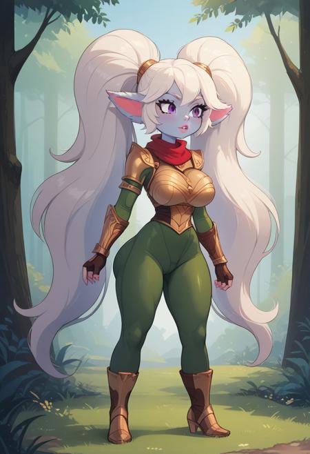 score_9,masterpiece, high quality,ultra detailed eyes,best quality,detailed eyes, beautiful, detailed background, perfect eyes,source_anime, very aesthetic, anime screencap, anime coloring,source_furry,Expressiveh,
1girl,solo,standing
tall girl,Poppy,lol,yordle,colored skin, blue skin,glossy skin, glossy body,deep skin,white hair,absurdly long hair,twintails,fluffy hair,fluffy ears,purple eyes,toned, long eyelashes,
perfect lips,(curvy:1.1), perfect naturally huge breast,huge thighs, perfect round huge ass,toned ass long legs, perfect ratio proportioned face, curvy shape, hourglass body, perfect waist to hip ratio, perfect female body,(perfect female hands:1.1),(perfect female legs:1.1),
pink lipstick,pink manicure,golden armor, red scarf,green snakeskin shirt, green snakeskin pants, brown boots
simple background,forest,