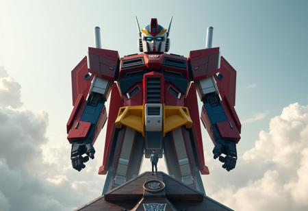 Design a Gundam fused with Optimus Prime, towering above a small person on a Chronomaly Pyramid Eye Tablet, inspired by the symmetrical styles of Werner Andermatt and the gentle hues of Muqi. The fusion should be perfectly symmetrical, with a color scheme primarily consisting of red, yellow, and blue. The environment should resemble an details image, with the Gundam-Optimus Prime fusion as the main focus. The image should be rendered using Octane Render and Unreal Engine, showcasing a level of detail and realism that would make it trending on ArtStation.