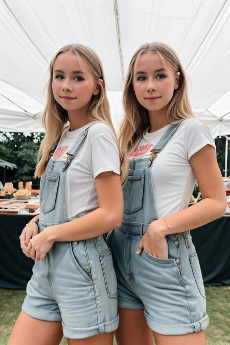 RAW photo of izaandelle twins, Graphic T-shirt and overalls for a visit to a vintage market, (high detailed skin:1.2), 8k uhd, dslr, soft lighting, high quality, film grain, Fujifilm XT3, <lora:izaandelle:1>