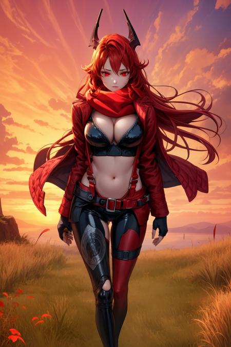 <lora:RedHoodX_V2:0.9> masterpiece, best quality, redhoodx, very long hair, mechanical horns, unzipped bodysuit, black pants, suspenders, belt, fingerless gloves, asymmetrical legwear, hip vent, midriff, large breasts, red scarf, scenery, overgrown, sunset, leaves, red theme, red grass, wind, red eyes, full body, red jacket, cropped jacket, standing, facing viewer