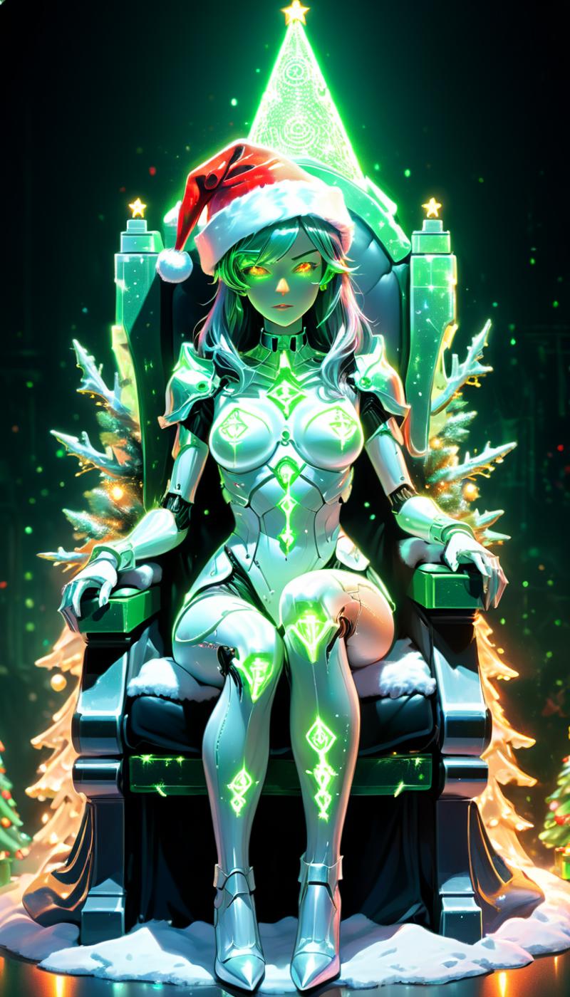 Artistic Drawing of a Female Robot Sitting on a Green Throne